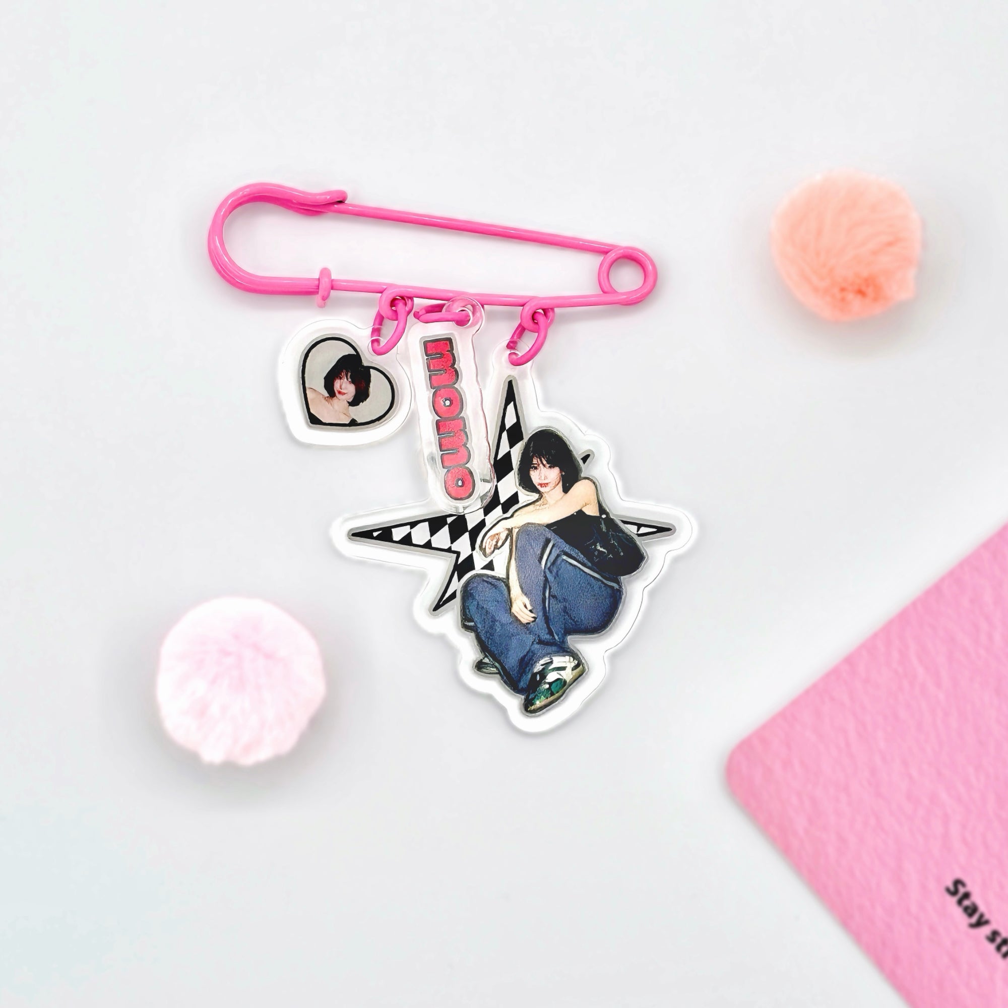 TWICE Momo Pink Safety Pin Keychain Fanmade Wearable Acrylic Bag Charm