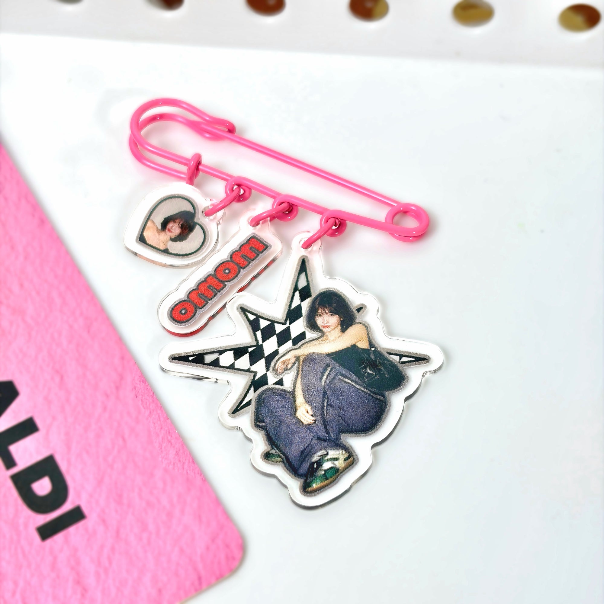 TWICE Momo Pink Safety Pin Keychain Fanmade Wearable Acrylic Bag Charm detail image 3