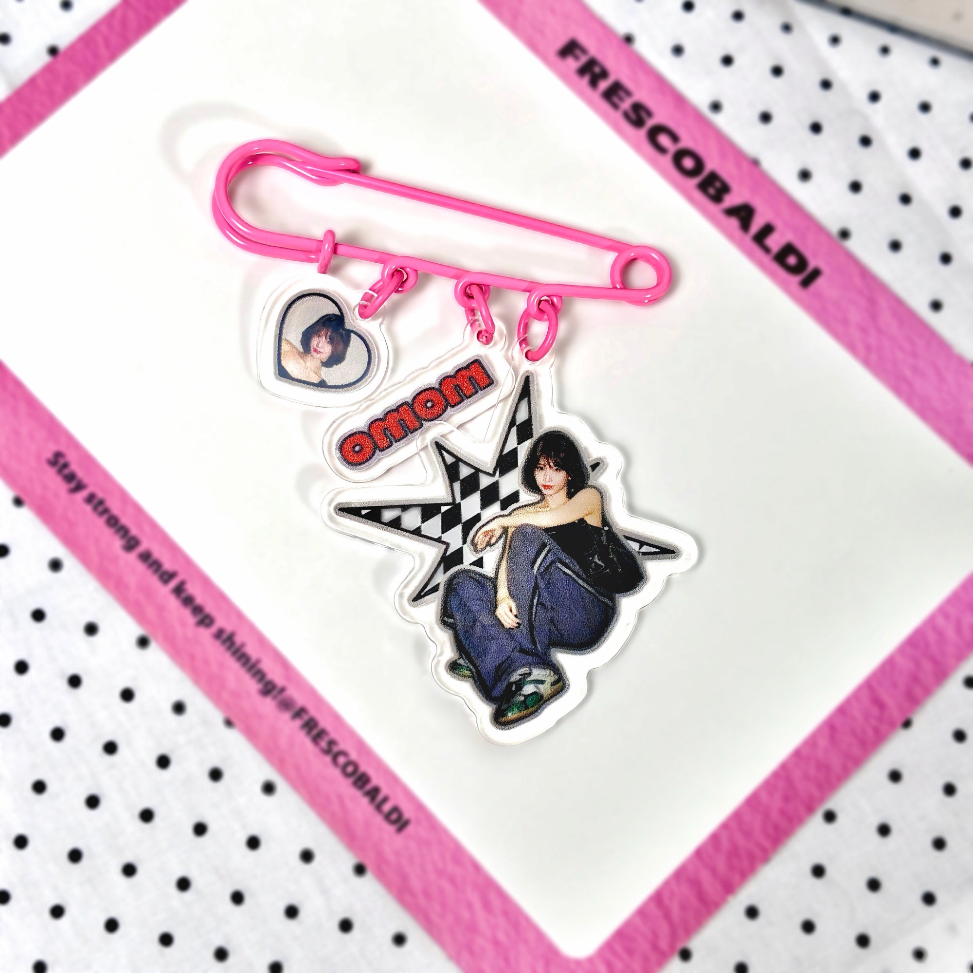 TWICE Momo Pink Safety Pin Keychain Fanmade Wearable Acrylic Bag Charm detail image 4