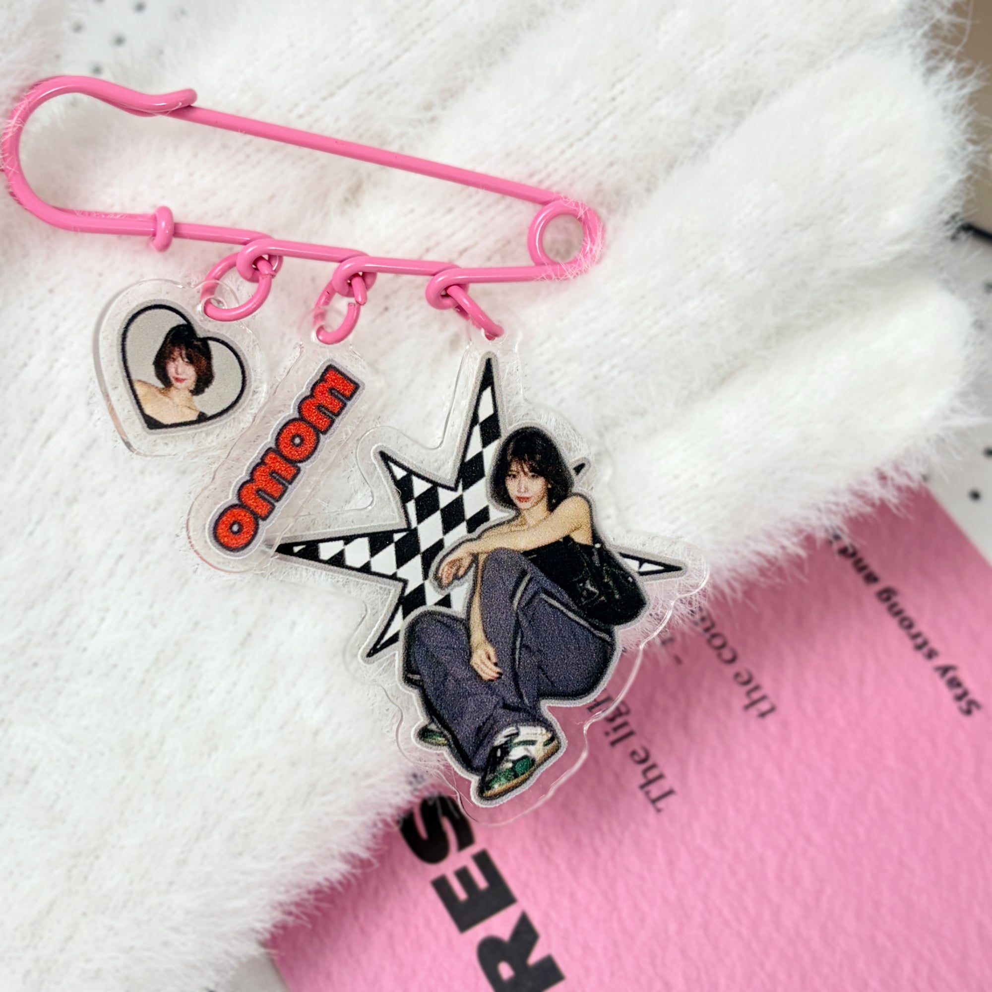 TWICE Momo Pink Safety Pin Keychain Fanmade Wearable Acrylic Bag Charm detail image 5