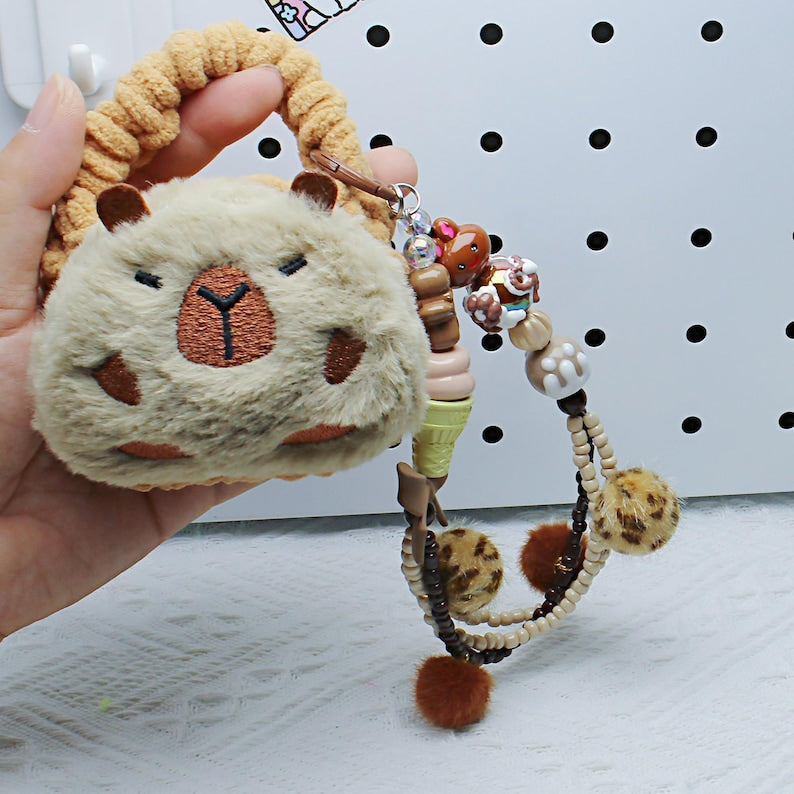 Capybara Plush Mini Pouch Crochet Earphones Case Kawaii Meme Capy Keychain Handmade Coin Purse Bag Charm Cute Animal Gift detail image 3