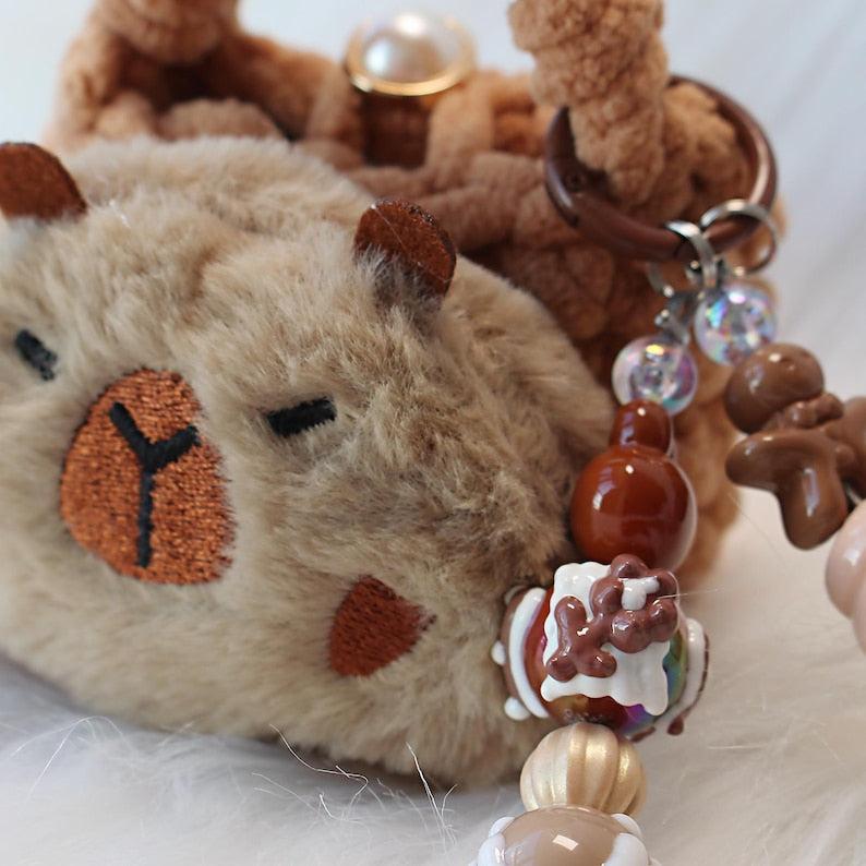 Capybara Plush Mini Pouch Crochet Earphones Case Kawaii Meme Capy Keychain Handmade Coin Purse Bag Charm Cute Animal Gift detail image 5