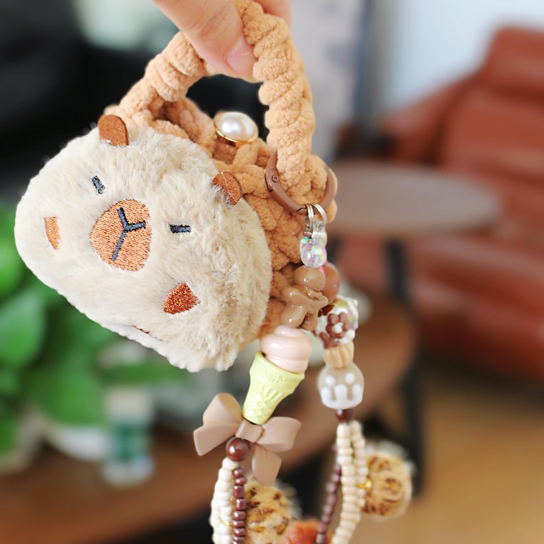 Capybara Plush Mini Pouch Crochet Earphones Case Kawaii Meme Capy Keychain Handmade Coin Purse Bag Charm Cute Animal Gift detail image 6