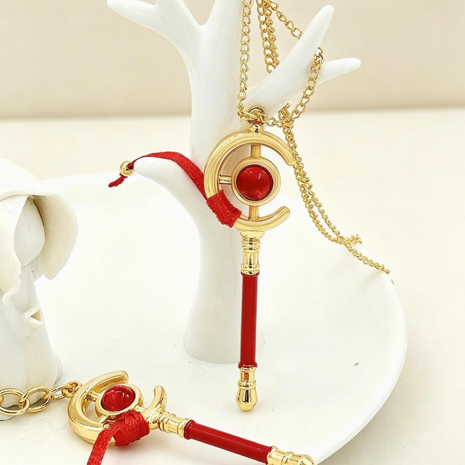 Frieren Beyond Journey’s End Magic Staff Necklace Keychain Crescent Wand Red Gem Tassel Anime Fanmade Jewelry Bag Charm Gift detail image 2