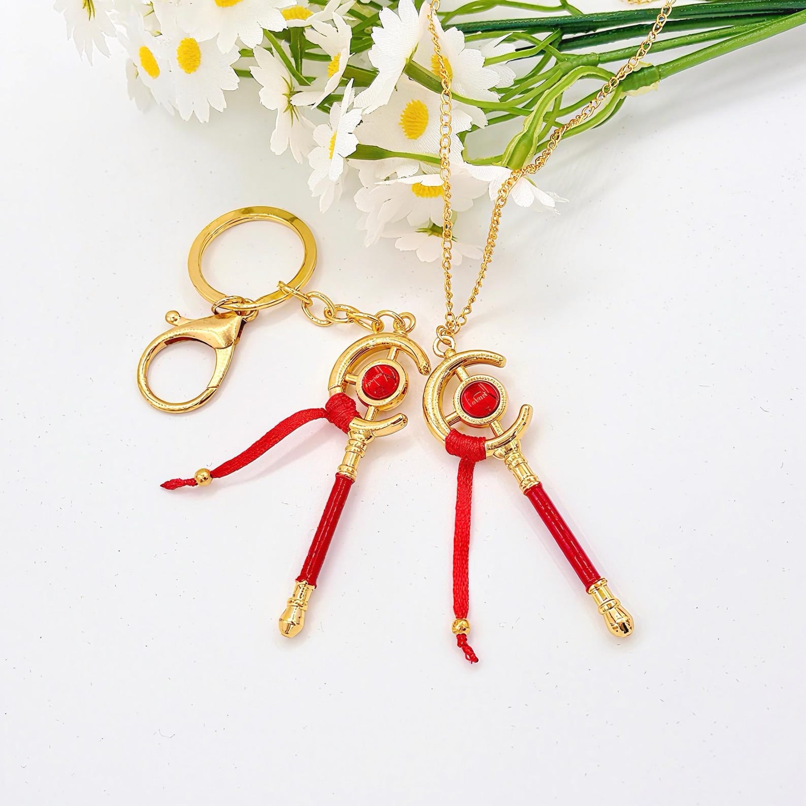Frieren Beyond Journey’s End Magic Staff Necklace Keychain Crescent Wand Red Gem Tassel Anime Fanmade Jewelry Bag Charm Gift detail image 3