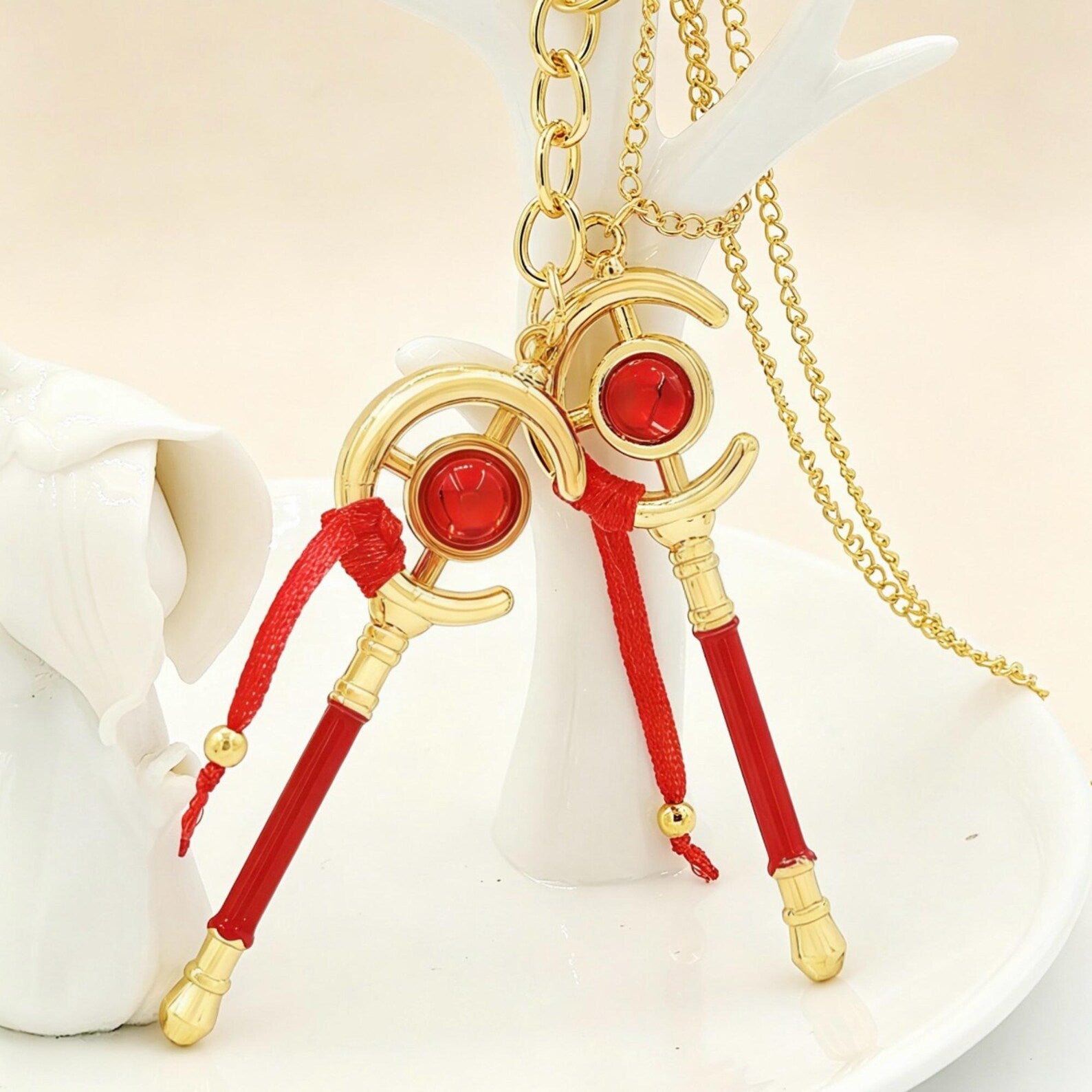 Frieren Beyond Journey’s End Magic Staff Necklace Keychain Crescent Wand Red Gem Tassel Anime Fanmade Jewelry Bag Charm Gift detail image 6