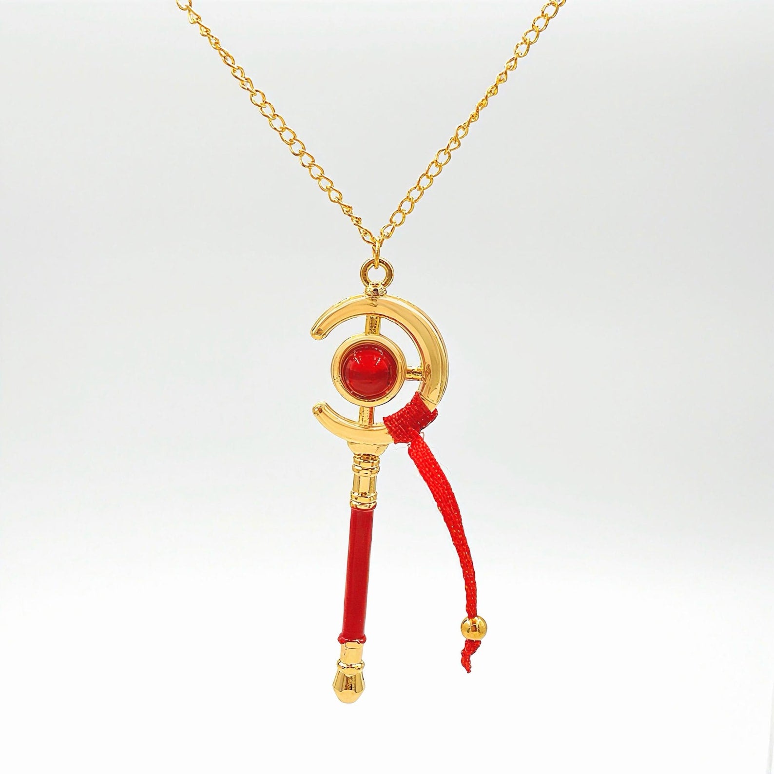 Frieren Beyond Journey’s End Magic Staff Necklace Keychain Crescent Wand Red Gem Tassel Anime Fanmade Jewelry Bag Charm Gift
