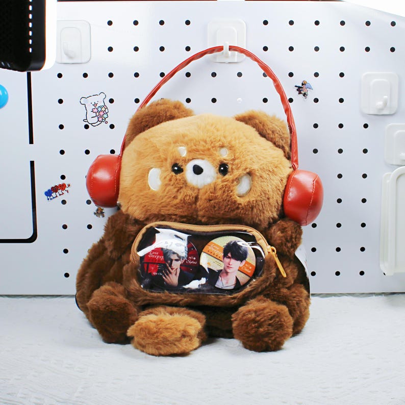 Kawaii Plushie Ita Bag Fluffy Raccoon Backpack With Display Window Plush Anime Ita Bag Backpack Cute Red Headphones Fanmade Bag detail image 2