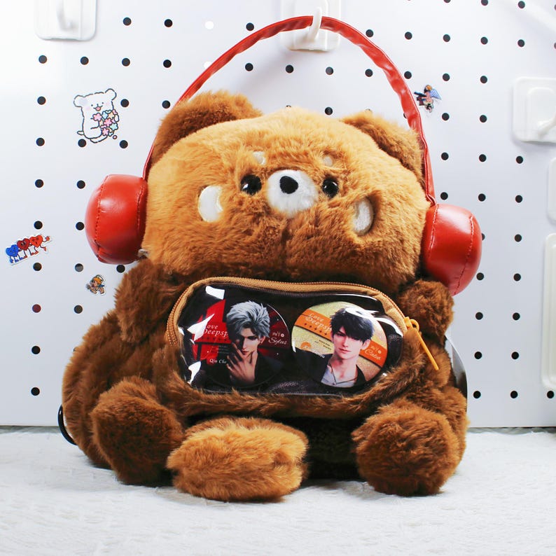 Kawaii Plushie Ita Bag Fluffy Raccoon Backpack With Display Window Plush Anime Ita Bag Backpack Cute Red Headphones Fanmade Bag detail image 5