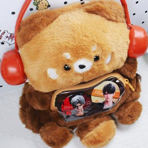 Kawaii Plushie Ita Bag Fluffy Raccoon Backpack With Display Window Plush Anime Ita Bag Backpack Cute Red Headphones Fanmade Bag detail image 6