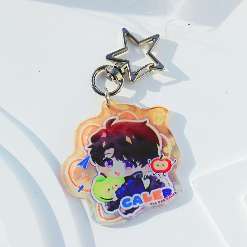 Love and Deepspace Caleb Keychain Acrylic Charm with Star Ring Chibi Apple Bag Accessory LADS Fanmade Otome Game Gift