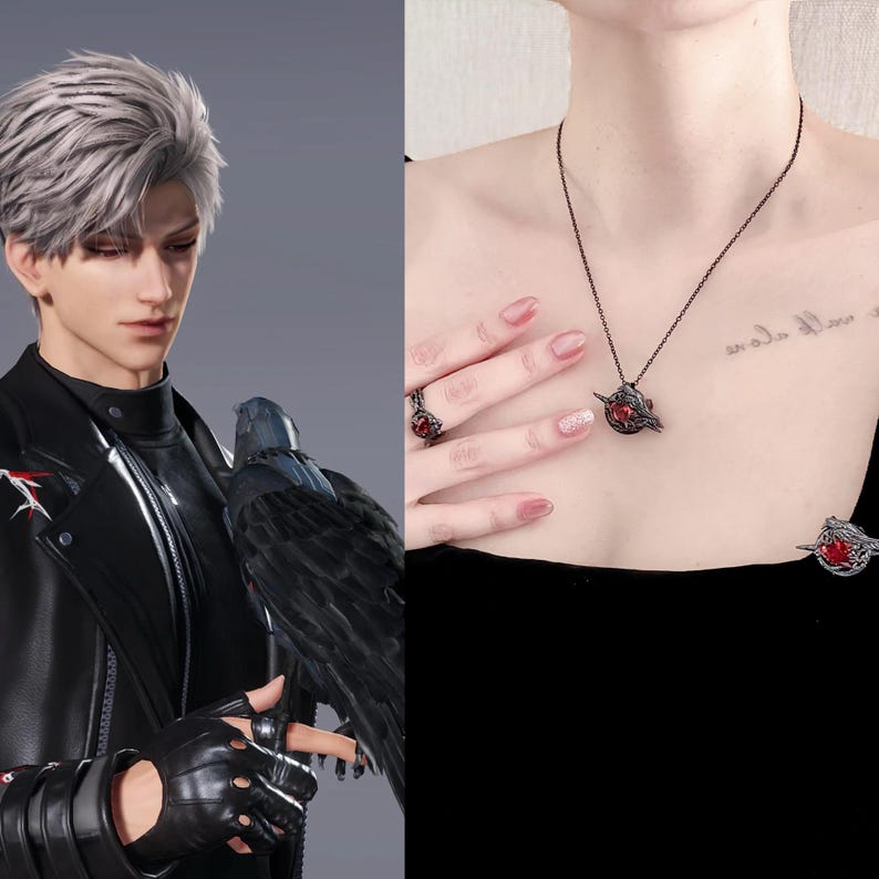 Love and Deepspace Sylus Night Raven Jewelry Set Brooch Earrings Ring Copper Black Titanium Zirconia Fanmade Otome Game Gift detail image 2