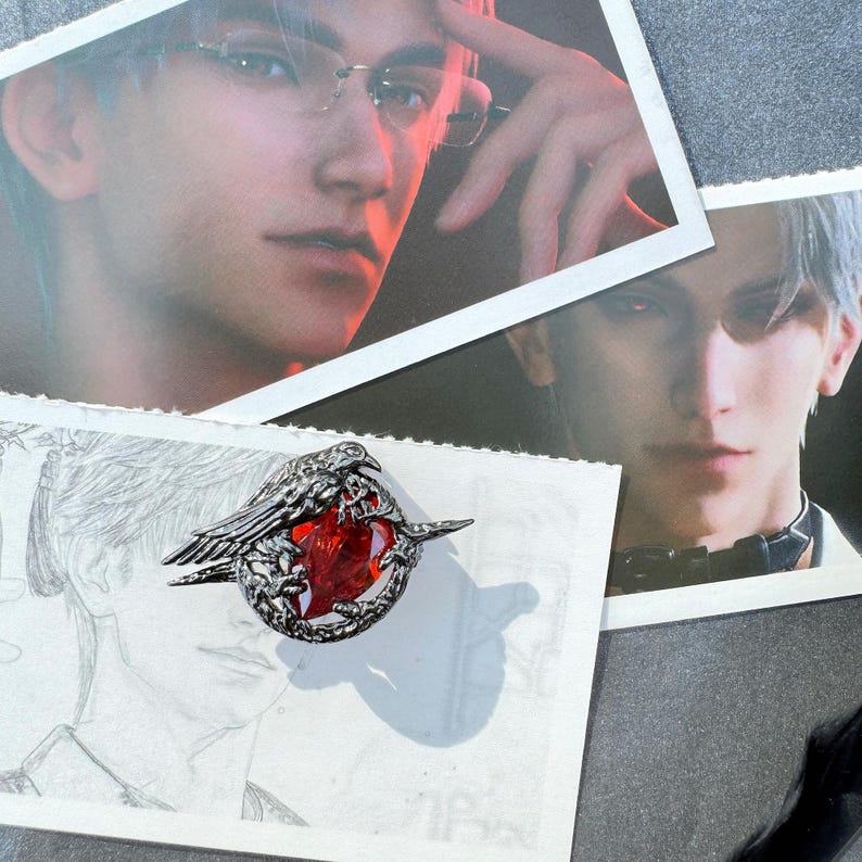 Love and Deepspace Sylus Night Raven Jewelry Set Brooch Earrings Ring Copper Black Titanium Zirconia Fanmade Otome Game Gift detail image 3