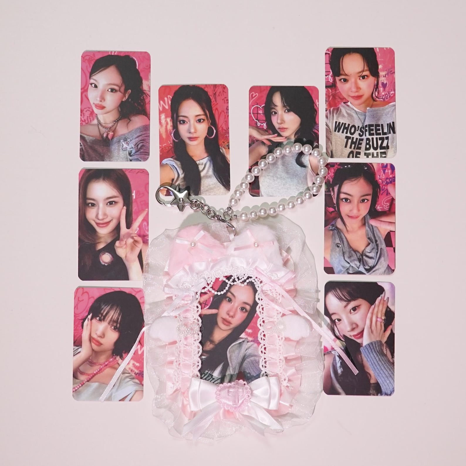 TWICE Japan Tour OT9 photocard set with pink lace plush card holder